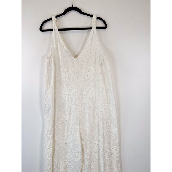 ZARA Womens Jumpsuit White Floral Eyelet V Neck Sleeveless Wide Leg Boho Large - Picture 10 of 11